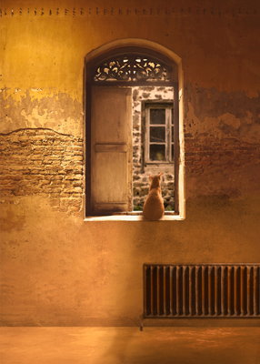  Orange cat sitting in antique window in a room bare of anything but an ancient radiator. The cat throws a long shadow in the afternoon sun.